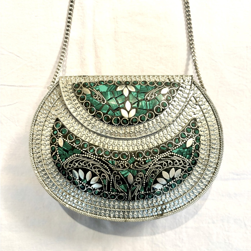 Mosaic Handmade Metal Clutch / Crossbody Bag Handcrafted Stone handbag